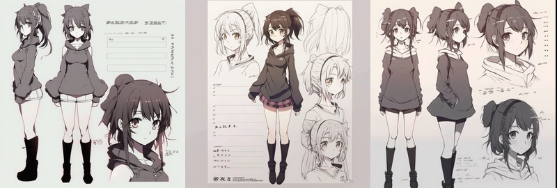 An anime character reference sheet of a female, Stable Diffusion