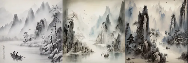 Traditional chinese ink painting with blue and black colors