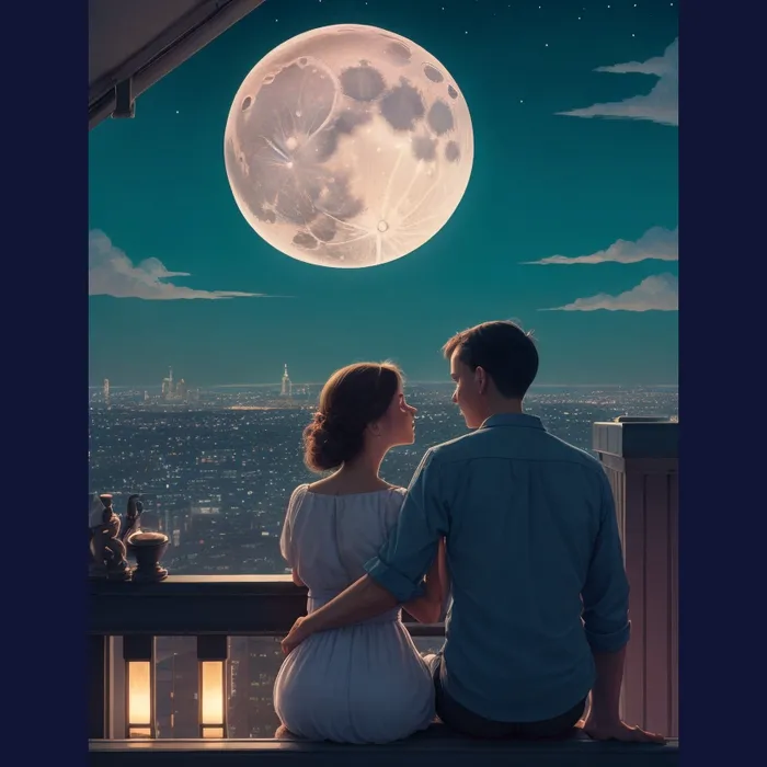 A photo of a couple gazing in the moonlit sky sharing a moment together ...