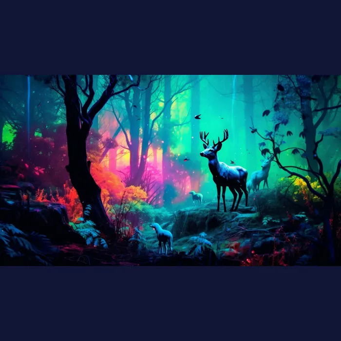 Neon Forest Animal Scene that Illuminates the Wilderness in Vibrant