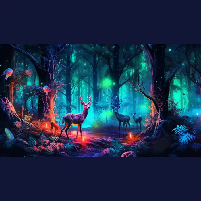 Neon Forest Animal Scene that Illuminates the Wilderness in Vibrant