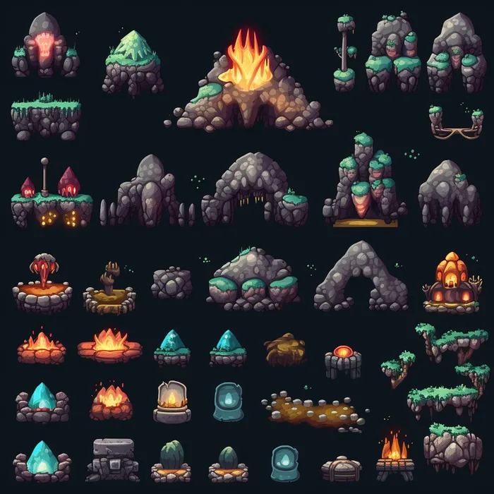 Pixel art map tileset for game assets Midjourney Prompt - promptsideas.com