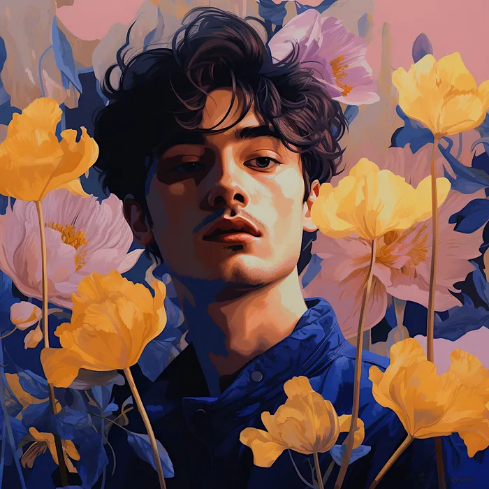 Portrait with blue and yellow flowers