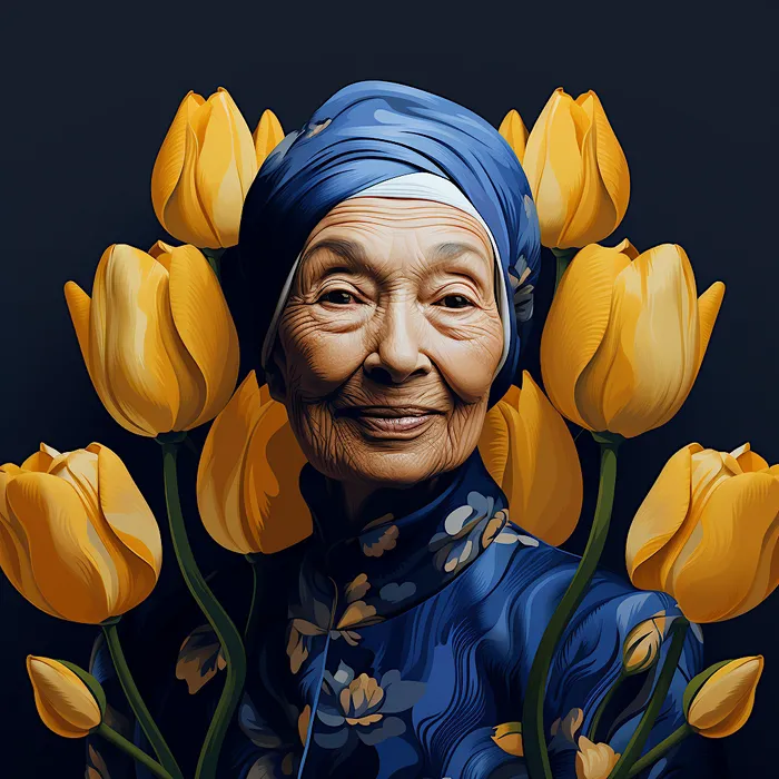 Portrait with blue and yellow flowers