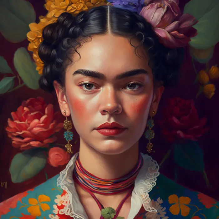 Frida Kahlo-style portrait Midjourney Prompt - promptsideas.com